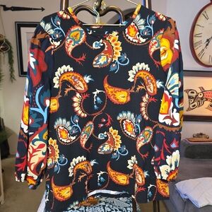 Chico's Black and Orange Vibrant Puff Sleeve Paisley Mixed Media Top XL Size 3